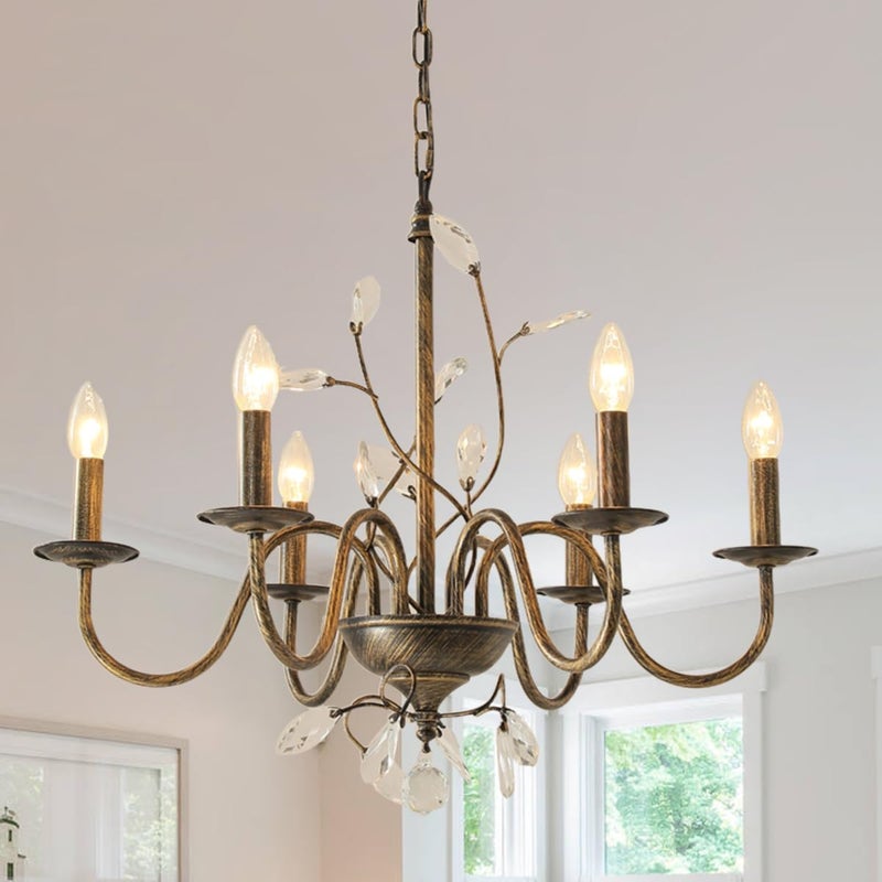 Lanpesting Farmhouse Crystal Chandelier,26 Inch Modern Flower Branch Oil-Rubbed Bronze Rustic Vintage Hanging Pendant Ceiling Light Fixture for Living Room Dining Room Bedroom Foyer Entryway - Image 1